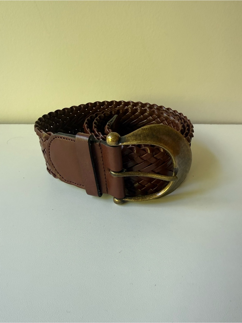 Woven Braided Leather Belt with Antique Brass Buckle - Brown